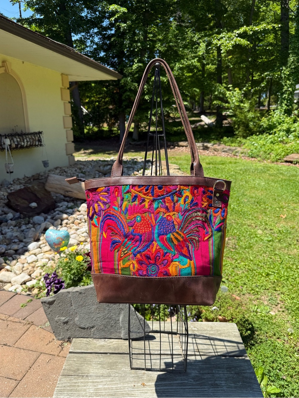 Hand Embroidered Shoulder Bag with Brown Leather Trim With Rooster Motif